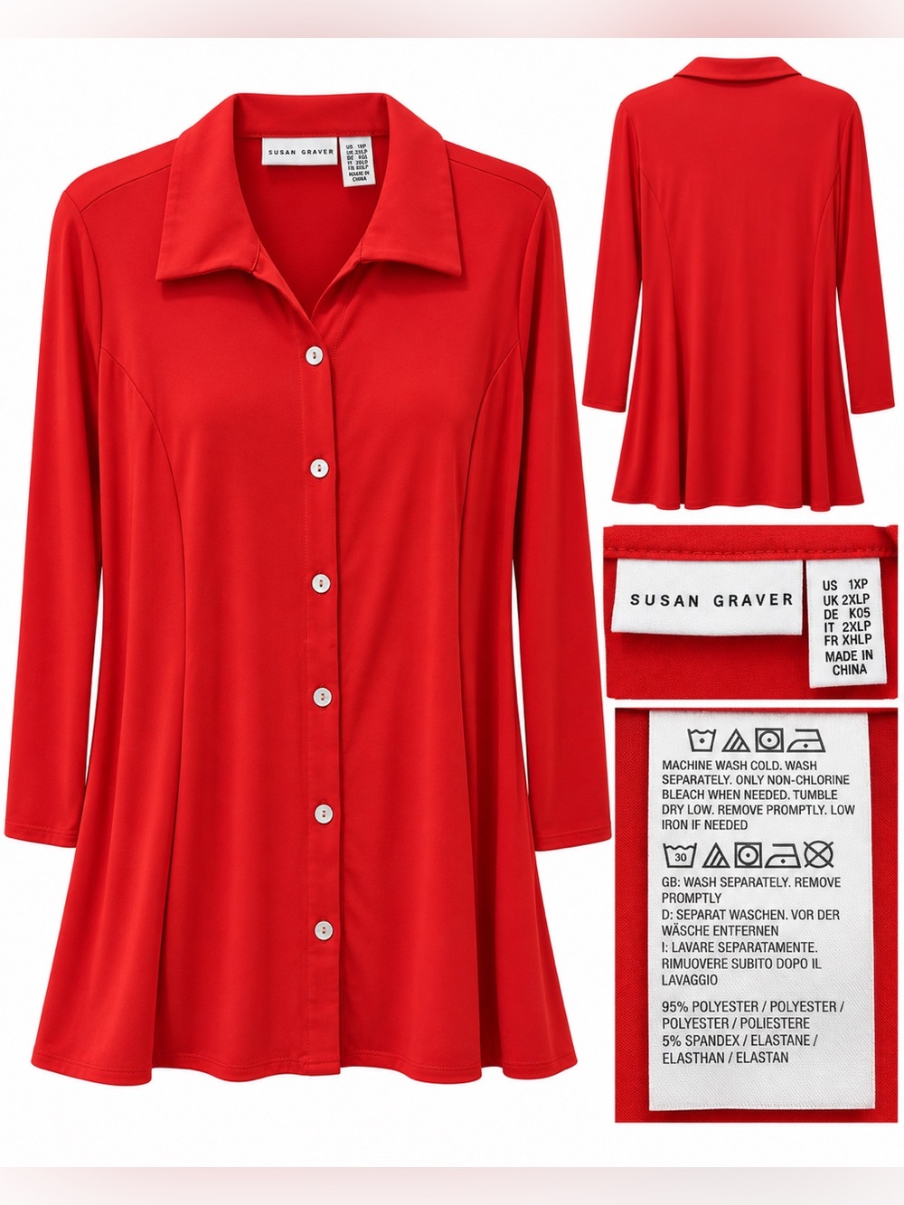 : Susan Graver Red Button Front Tunic Blouse Women’s 1XP